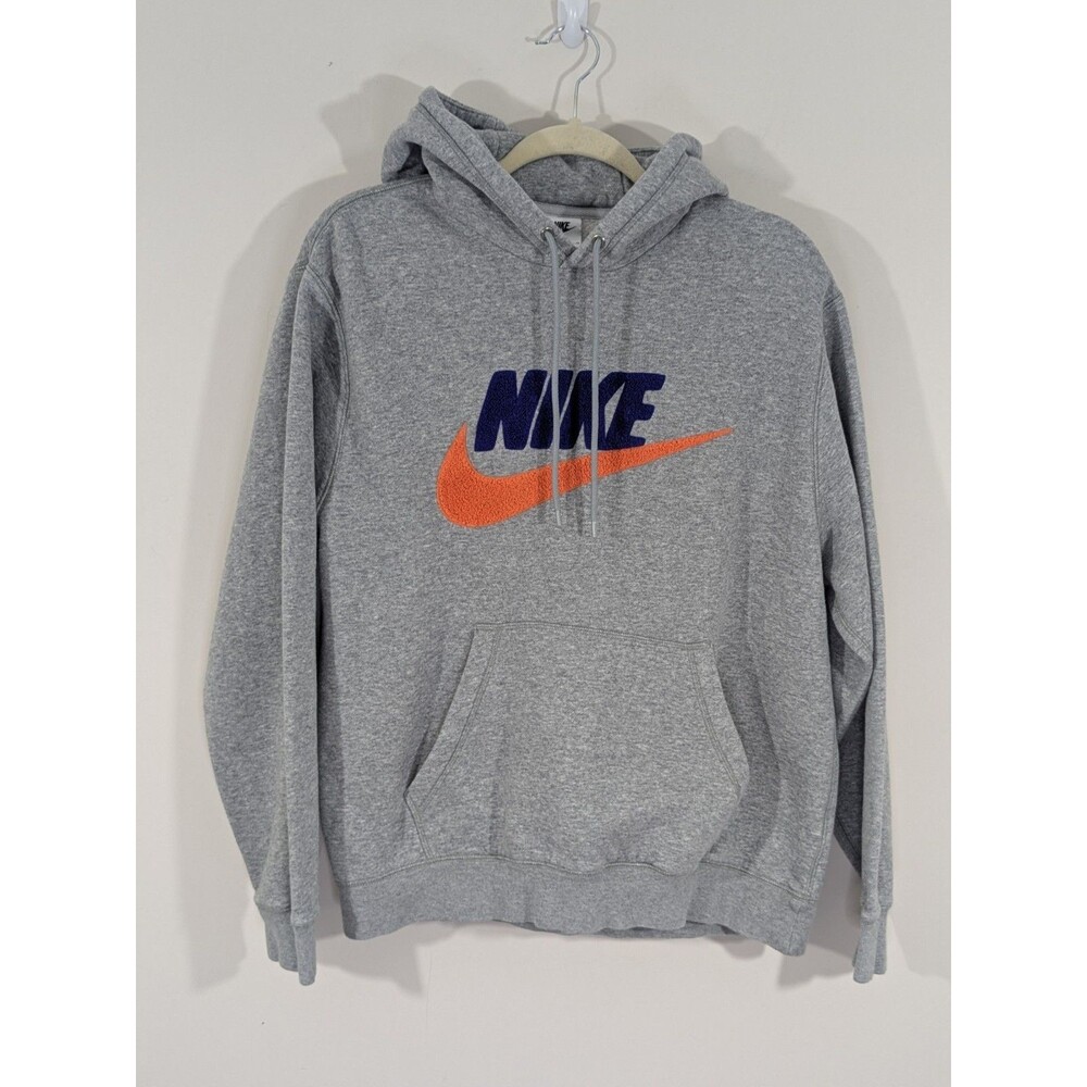 Mens Medium Nike Club Fleece Pullover Hoodie Smoke Grey/Safety Orange
